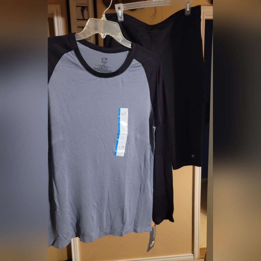 Champion Black and Gray Long Sleeve Shirt with Running pants.